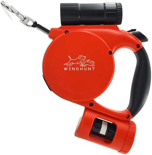 360° Tangle-Free Retractable Dog Leash with Flashlight, Dispenser and Poop Bag Heavy-Duty Nylon Tape for Small, Medium Dogs and Cats One-Handed Brake and Lock, Red