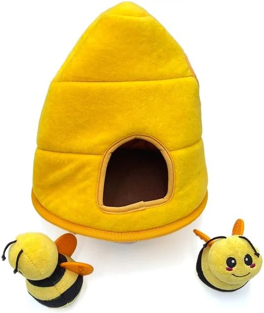 Hide & Seek Plush Beehive Dog Toy Set, Interactive Puzzle Snuffle Toy with 2 Squeaky Bees, Stuffed Honeycomb Burrow Boredom Buster for Small Medium Dogs