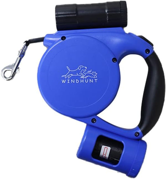 360° Tangle-Free Retractable Dog Leash with Flashlight, Dispenser and Poop Bag Heavy-Duty Nylon Tape for Small, Medium Dogs and Cats One-Handed Brake and Lock, Blue
