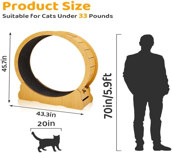 Wooden Cat Exercise Wheel, 43.3" Large Cats Treadmill Wheel for Indoor Cats,Cat Running Wheel with Detachable Carpet & Safety Lock for Running/Walking/Training,Quiet and Sturdy Suitable for Most Cats