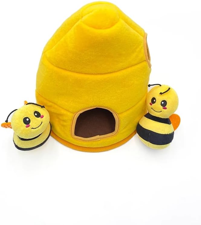 Hide & Seek Plush Beehive Dog Toy Set, Interactive Puzzle Snuffle Toy with 2 Squeaky Bees, Stuffed Honeycomb Burrow Boredom Buster for Small Medium Dogs