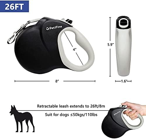 PetiFine Retractable Dog Leash for Large Dogs, 26 FT Heavy Duty Extendable Dog Leash up to 110lbs, Reflective Strong Nylon Tape, One-Handed Brake
