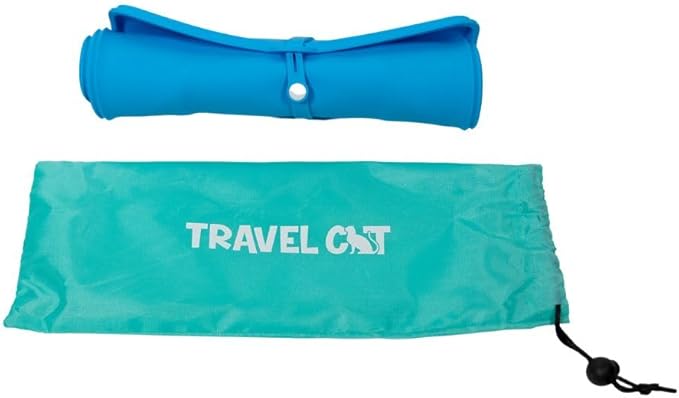 Travel Cat Collapsible Food and Water Bowl - 2 in 1 Blue Portable Pet Skid Mate Cat Bowl with No-Spill and Non-Skid Foldable Silicone Mat - Portable Pet Feeder for Traveling, Camping, Hiking with Cat