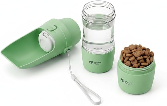 Argo's Pack 2-in-1 Dog Water Bottle & Food Container: Foldable Bowl, Leak-Proof & Portable. Durable Travel Gear for Dogs & Cats. Essential for Walking & Hiking. Perfect for Active Pet Owners (Green)