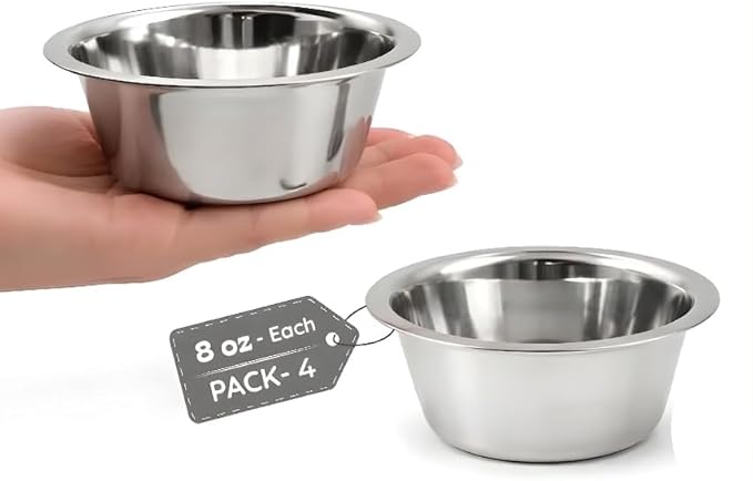 4 Pack Stainless Steel Cat & Dog Bowls, 8 oz Each, Small Pet Feeding Dishes for Food & Water, Lightweight & Durable