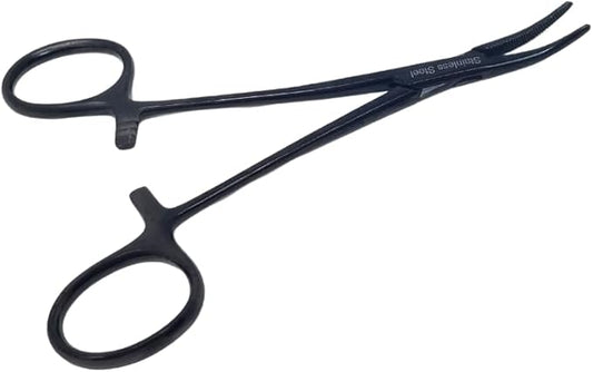 HTI DOG CAT PET HAIR PULLER REMOVER STAINLESS STEEL HEMOSTAT LOCKING FORCEPS 5" CURVED FULL SERRATED (Black)
