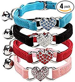 CHUKCHI Pink Soft Velvet Safe Cat Adjustable Collar with Crystal Heart Charm and Bells 8-11 Inches(Black+Red+Pink+Blue)