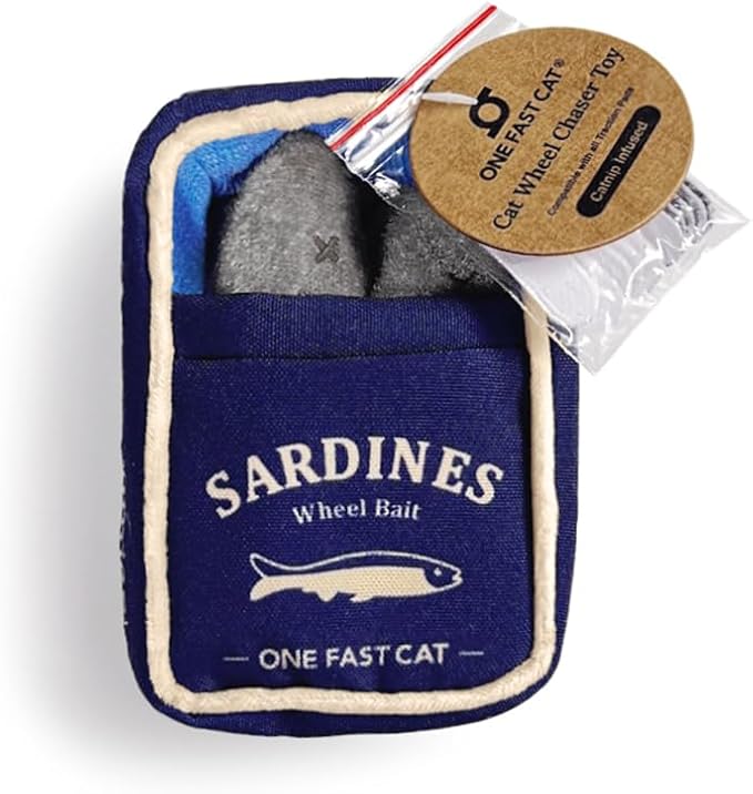 ONE FAST CAT Wheel Chaser Toy - Catnip-Infused, Crinkly Soft Plush Sardine Bait with Hook and Loop Fastener Strips for Use with The Cat Exercise Wheel