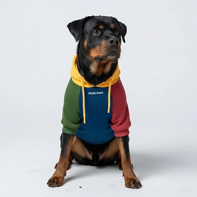 Spark Paws Dog Hoodie – Premium Dog Sweater for Small, Medium, and Large Dogs | Warm Outfits for French Bulldogs, Pitbull, Puppy, Winter Jacket Alternative - Primary Color Block - 5XL