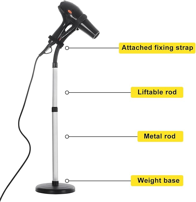 Erytlly Hair Dryer Stand Hands Free 360-Degree Rotating Adjustable Height Metal Hair Dryer Stand Blow Dryer Holder About for 0.5kg Hair Dryer in Bathroom, Vanity, Makeup Room