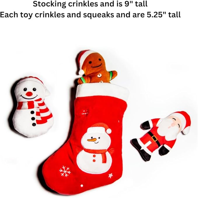 Glow Pups Christmas Stocking Hide and Seek Dog Toy, Interactive Plush Santa, Snowman, Gingerbread Man, Crinkle and Squeak, Holiday Burrow Toy for Small Medium Dogs, Red Plush Christmas Snowflake