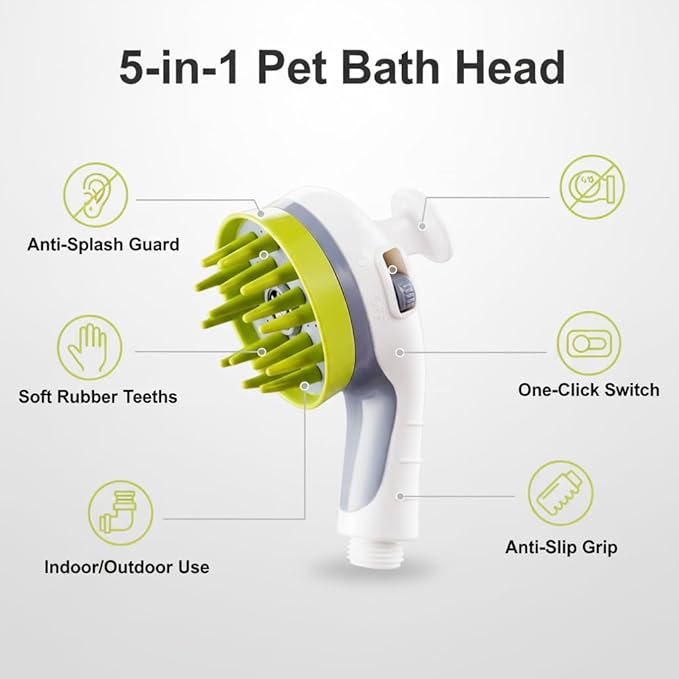 3-in-1 Pet Bathing Shower Head with Soft Massage Bristles – One-Touch Spray Control, Anti-Splash Guard & Non-Slip Handle for Dogs & Cats, Fits Standard Faucets & Garden Hoses (ivory white)