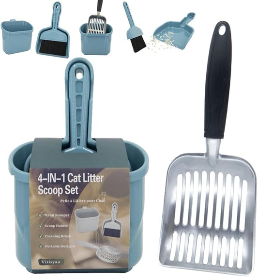4-in-1 Cat Litter Scoop with Holder, Cat Litter Box Organizer Cleanup Kit - Sweeper & Dustpan, Aluminium Kitty Litter Scooper and Storage Caddy, Heavy Duty Cat Litter Box Cleaning Supplies