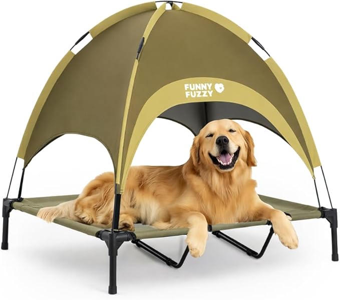 FUNNY FUZZY Elevated Dog Bed with Canopy, Green, X-Large (48"x36"x9") – Outdoor, Raised Pet Cot with UV Protection, Cooling Mesh, Indoor & Outdoor Use, Dog Cot for Large Dogs up to 120 lbs