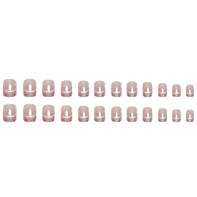 yefiuo Summer Press on Nails Short Square Glitter French Fake Nails Press ons Cat's Eye Acrylic False Nails Glue on Nails Reusable Nail Tips Kit Full Cover Stick on Nail Supplies for Women Girls 24Pcs