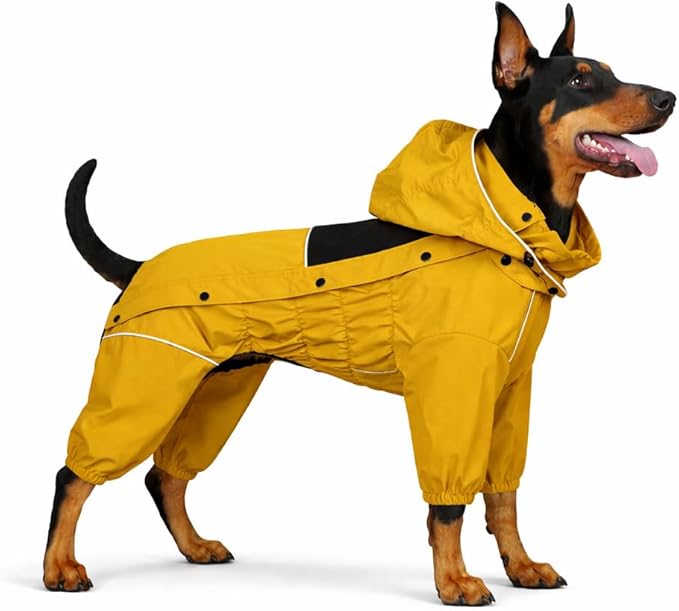 LOVELONGLONG Fleece-Lined Dog Raincoat with Removable Hood – Waterproof Winter Full Body Dog Jacket – Windproof Snowproof Cold-Weather Suit – Yellow-F 4XL