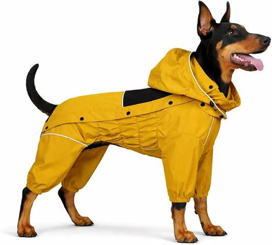 LOVELONGLONG Fleece-Lined Dog Raincoat with Removable Hood – Waterproof Winter Full Body Dog Jacket – Windproof Snowproof Cold-Weather Suit – Yellow-F 3XL