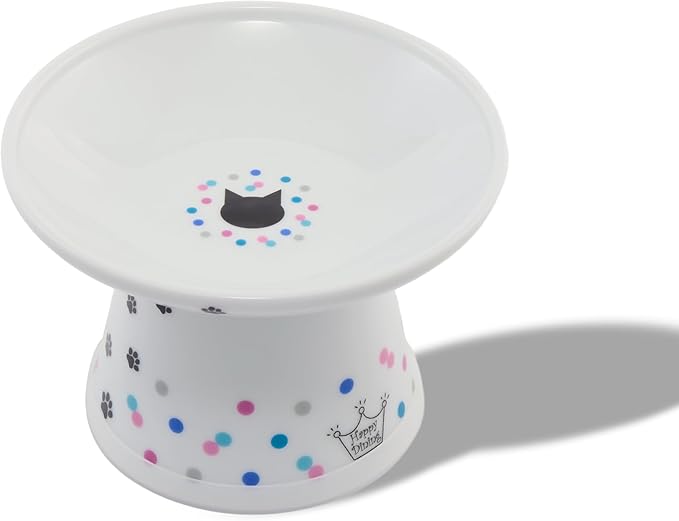 Necoichi Elevated Cat Food Bowl, Ceramic (Porcelain), Whisker-Friendly, Dishwasher & Microwave Safe, Non-Slip Silicone Base, Anti-Vomiting & Neck Fatigue (Colorful Dots, Extra Wide, 2-Cups Capacity)