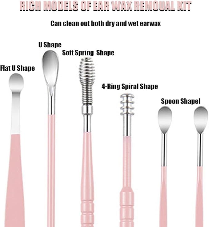 6 Pcs Ear Pick Earwax Removal Kit, Ear Cleansing Tool Set, Ear Curette Cleaner, 360° Spiral Design Ear Canal Cleaner Stainless Steel, with a Storage Box Portable Kit for Home and Travel(Pink)