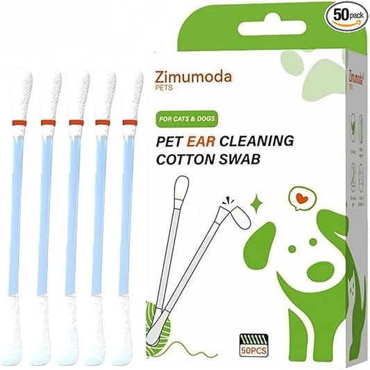 50 Pcs 2-in-1 Pet Ear Cleaning Cotton Swabs for Dogs & Cats - Essential Oil Infused Cat Ear Cleaner - Gentle Ear Wax Removal - Soothing Itch & Freshness - Individually Wrapped for Easy Use