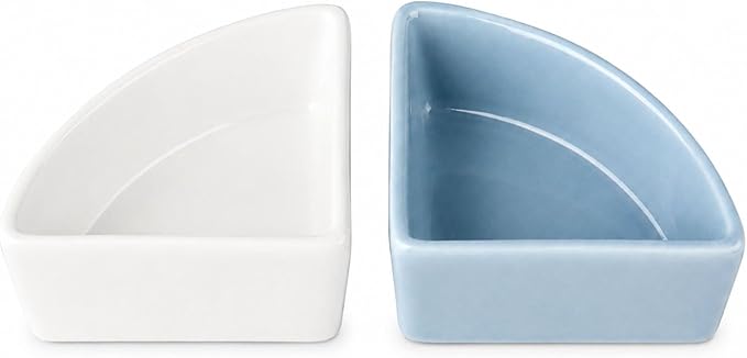 2 Pack Ceramic Feeding Bowls for Small Pets, Anti-Tip, Anti-Slip, Space-Saving Fan-Shaped Design, Ideal for Hamster, Guinea Pig, Gerbil, Sugar Glider, Mice, Chinchilla, Hedgehog (White + Blue)