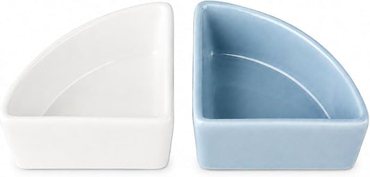 2 Pack Ceramic Feeding Bowls for Small Pets, Anti-Tip, Anti-Slip, Space-Saving Fan-Shaped Design, Ideal for Hamster, Guinea Pig, Gerbil, Sugar Glider, Mice, Chinchilla, Hedgehog (White + Blue)