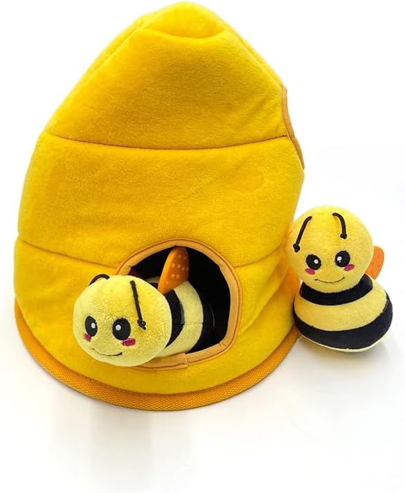 Hide & Seek Plush Beehive Dog Toy Set, Interactive Puzzle Snuffle Toy with 2 Squeaky Bees, Stuffed Honeycomb Burrow Boredom Buster for Small Medium Dogs