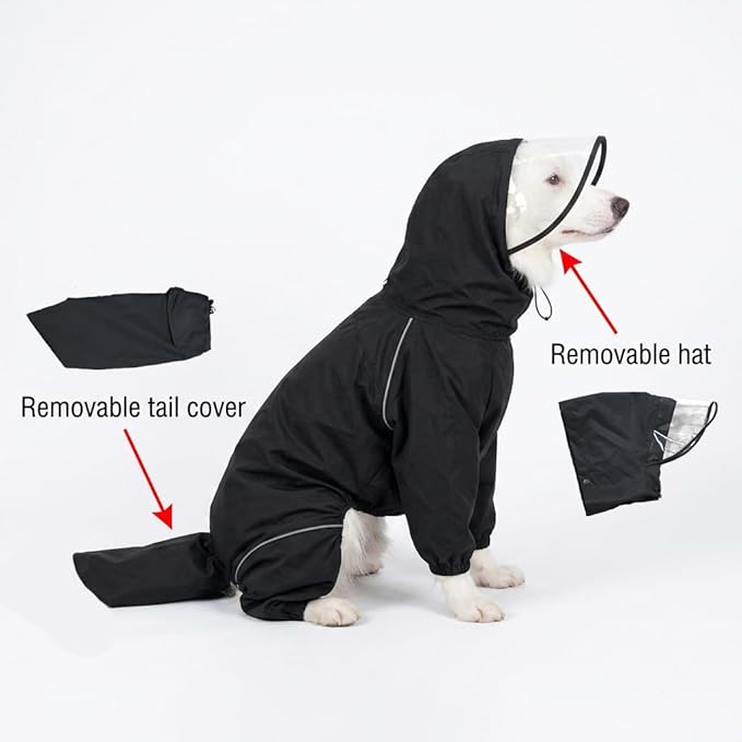 Dog Raincoat for Medium Large Dogs,rain Jacket Coat, Full Leg Coverage Waterproof Rain Suit with Detachable Hood & Tail, Reflective Strips，Labrador Retriever (Black for Gril, Medium)