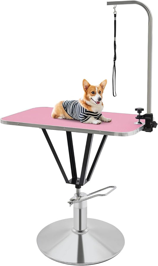 Hydraulic Pet Grooming Table with Adjustable Arms, 360 Degree Table Top Swivel Maximum Load 220 lbs Professional Pet Grooming Table, 34in Hydraulic (Pink,Rectangular)