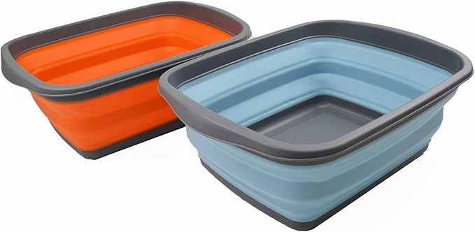 SAMMART 10L (2.6 Gallons) Set of 2 Collapsible Tub - Foldable Dish Tub - Portable Washing Basin - Space Saving Plastic Washtub (Sea Angel + Orange, 2)