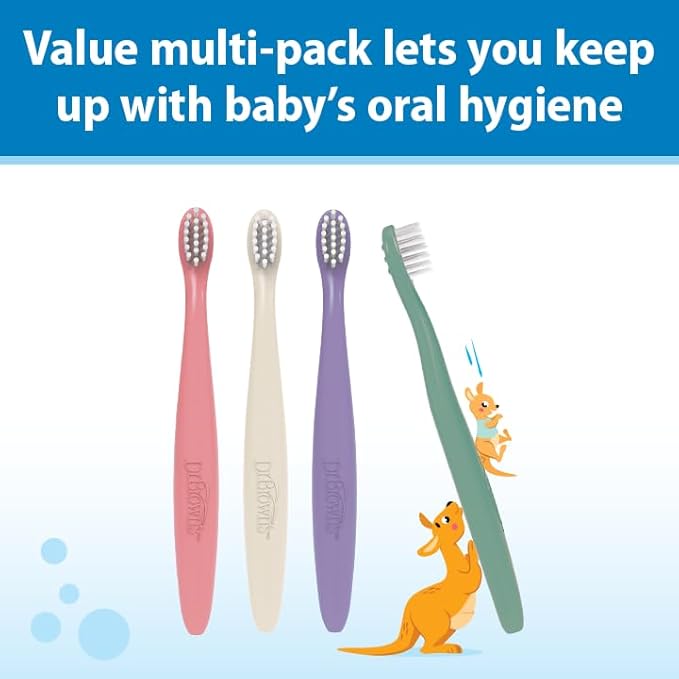 Dr. Brown's Infant-to-Toddler Toothbrush Set, Soft & Gentle Manual Toothbrushes for Baby, Pink/Ecru/Purple/Dark Green, BPA Free, 0-3 Years – 4-Pack