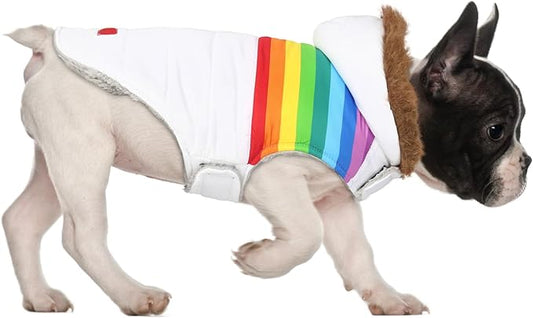 HDE Dog Puffer Jacket Fleece Lined Warm Dog Parka Winter Coat with Harness Hole White Rainbow Stripe - S