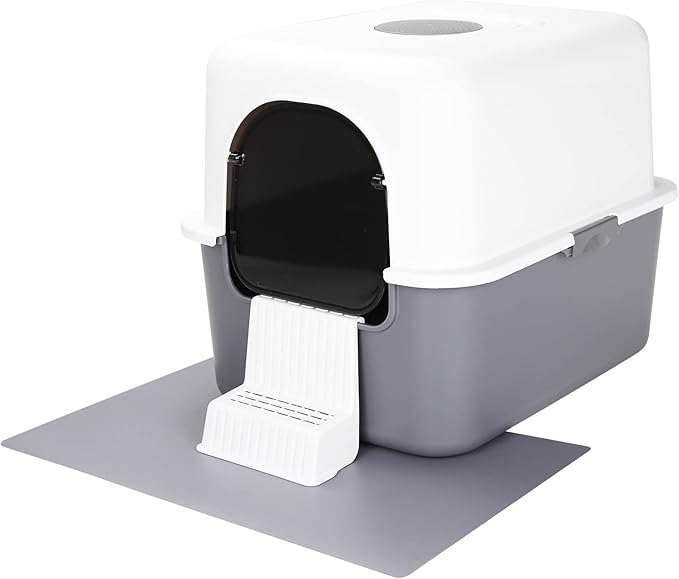 Sfozstra Grey Enclosed Cat Litter Box with Lid - Includes Sand Pedal & Carry Handle, Lift-Off Buckle Lock for Easy Cleaning, High Sides Anti-Leak, Odor Control with Deodorizer, for Cats Under 8 lbs