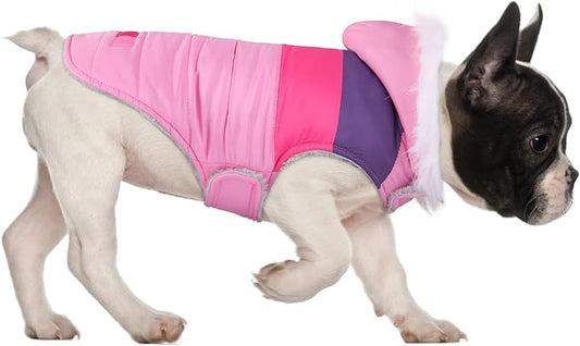 HDE Dog Puffer Jacket Fleece Lined Warm Dog Parka Winter Coat with Harness Hole Pink Stripe - S
