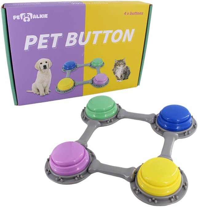Set of 4 Talking Buttons for Cat and Dog Training, Funny Engravable Voice Command Buttons with Placement Stickers, Colorful and Customizable - Y, G, P, B
