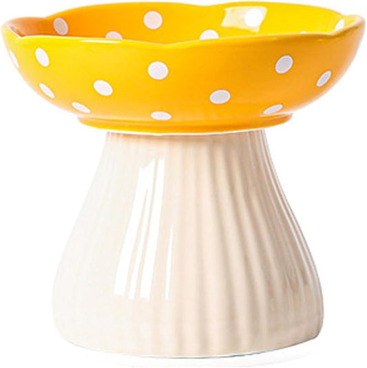 Mushroom Elevated Cat Bowls Ceramic, Raised Cat Bowl for Indoor Cats, Cute Cat Bowls Whisker Fatigue, Raised Dog Bowls Stand for Food and Water, Yellow 6" Wide for Adult Cats