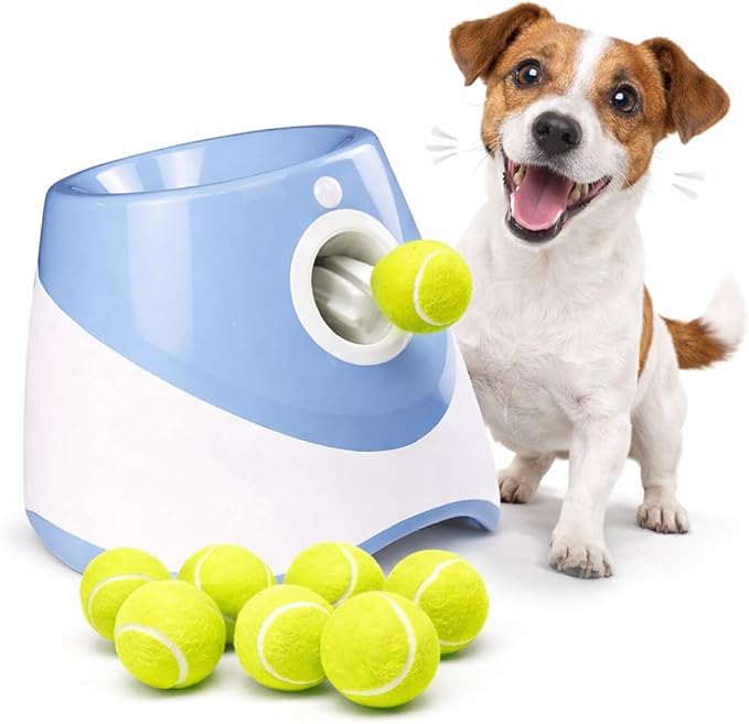 Automatic Dog Ball Launcher for Small & Medium Dogs, Interactive Dog Fetch Machine with 3 Distance Settings (10–30 ft), Mini Tennis Ball Thrower Includes 6 Balls, Indoor Outdoor Dog Toy - Blue