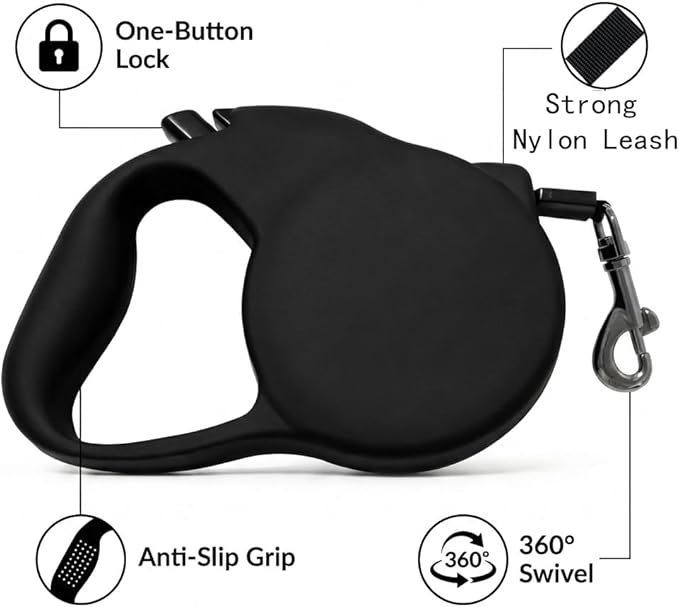 Retractable Dog Leash for Small/Medium Dogs, Cats & Puppies – Black Flexi Walking Lead with Correa para Perros (Black-Small)