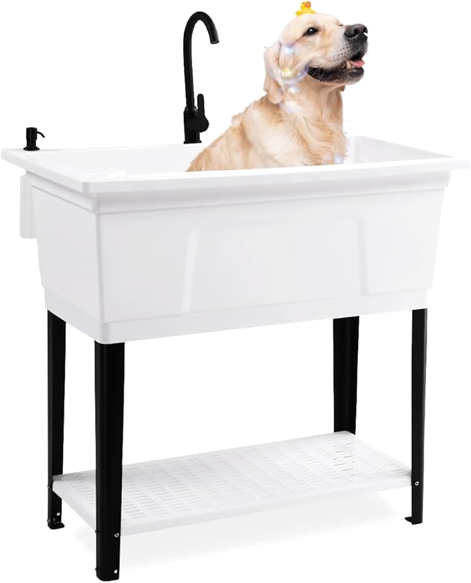 Bonnlo 37-Gallon Freestanding Utility Sink with Faucet, 36" Heightened Basin for Laundry, Garage, Outdoor Garden, Pet Wash, Heavy Duty Plastic Laundry Tub with Storage Shelf, 40"L×24"W×36"H (White)