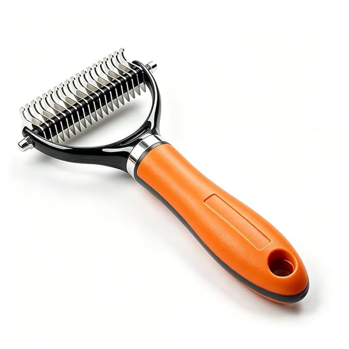 Pet Grooming Rake, Double Sided Deshedding Brush for Dogs & Cats, Undercoat Rake for Shedding, Dematting Comb for Long Haired Pets (Orange-1pc)