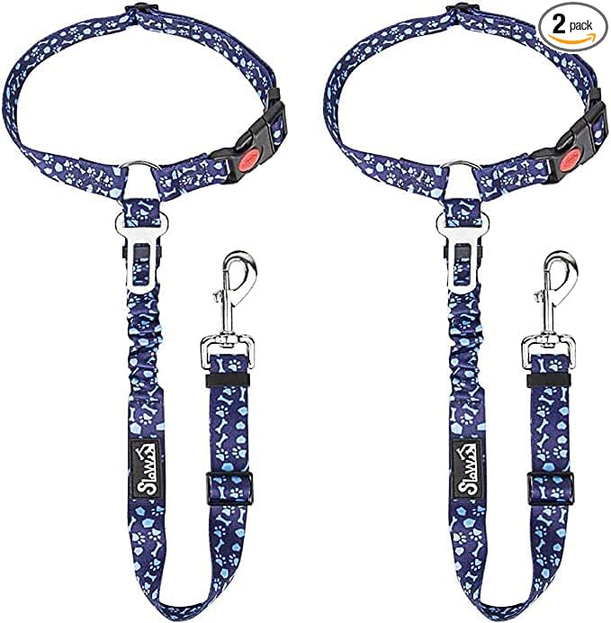 SlowTon Dog Seat Belt for Car, 2 Pack Dog Car Harness Seatbelt Adjustable with Elastic Bungee Buffer, 2 in 1 Pet Car Leash Headrest Restraint Dog Reflective Safety Tether (Blue Paw, Headrest+Clip)
