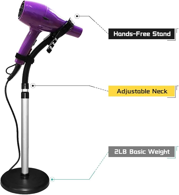 Hair Dryer Stand, 360 Degree Rotating Lazy Hair Dryer Stand Hand Free With Heavy Base, Hands-Free Blow Dryer Holder Countertop, Adjustable Height Countertop Stand