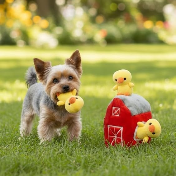 MODERN WAVE - Interactive Squeaky Plush Hide and Seek Squirrel Type Puzzle Toy for Dogs, Medium/Large Size (Farm and Ducks)