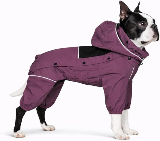 LOVELONGLONG Waterproof Dog Raincoat with Removable Hood – Outdoor Full Body Dog Jacket, Windproof Snowproof Shell Suit – All Season Pet Rain Gear Plum Purple L