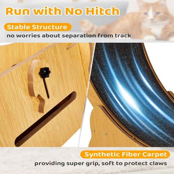 Wooden Cat Exercise Wheel, 43.3" Large Cats Treadmill Wheel for Indoor Cats,Cat Running Wheel with Detachable Carpet & Safety Lock for Running/Walking/Training,Quiet and Sturdy Suitable for Most Cats