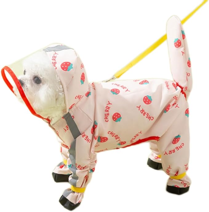 Waterproof Dog Raincoat,Full Coverage 4 Legs Dog Rain Jacket for Small Dogs,Pet Rain Coat with Hood,Reflective Strips&Leash Hole Outdoor Raincoat (Medium（for Weight 5.1-8.1 lb）, Strawberry)