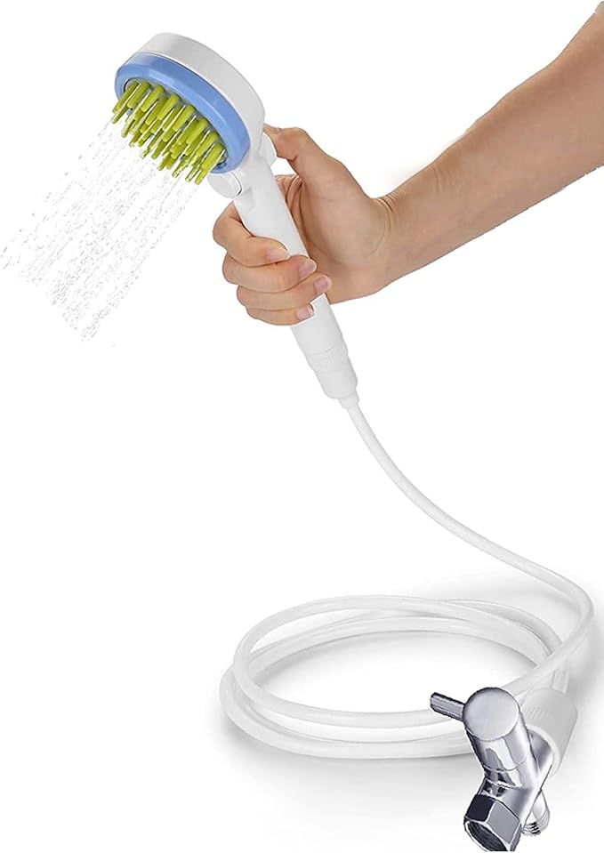 Dog Shower Sprayer 2 - in - 1 Pet Bathing Tool with Silicone Massage Brush and Hose - Gentle Hair Combing, Water Flow Control for Dogs & Cats Grooming and Bathing (Blue)