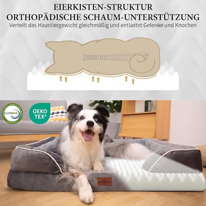 Comfort Expression Orthopedic Dog Bed for Large Dogs 35x22 Inch, Waterproof Supportive Egg Crate Foam Large Pet Bed with Removable Bolsters, Dog Couch with Washable Cover & Non-Slip Bottom, Grey
