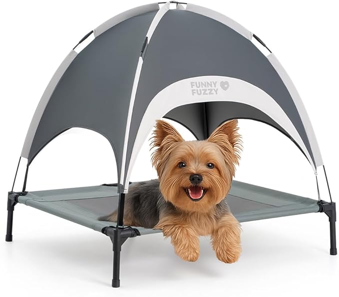 FUNNY FUZZY Elevated Dog Bed with Canopy for Small Dogs, 24"x18"x7" Cooling Outdoor Pet Cot with UV Protection, Breathable Mesh for Cooling, Indoor & Outdoor Use for Dogs, Grey