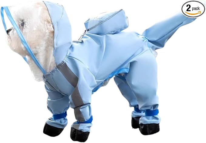 HDKUW Small Dog Raincoat and Rain Shoes Set, Full-Coverage Reflective Dog Jacket with Backbag, Dog Raincoat with Rain Boots Set for Small Medium Dogs Blue M